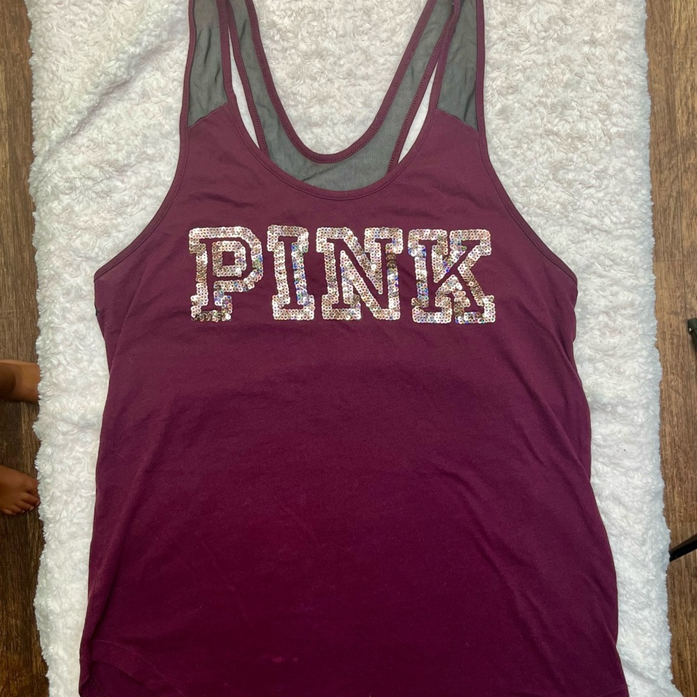 Original Victoria’s Secret PINK mesh tank top in maroon with sequin lettering